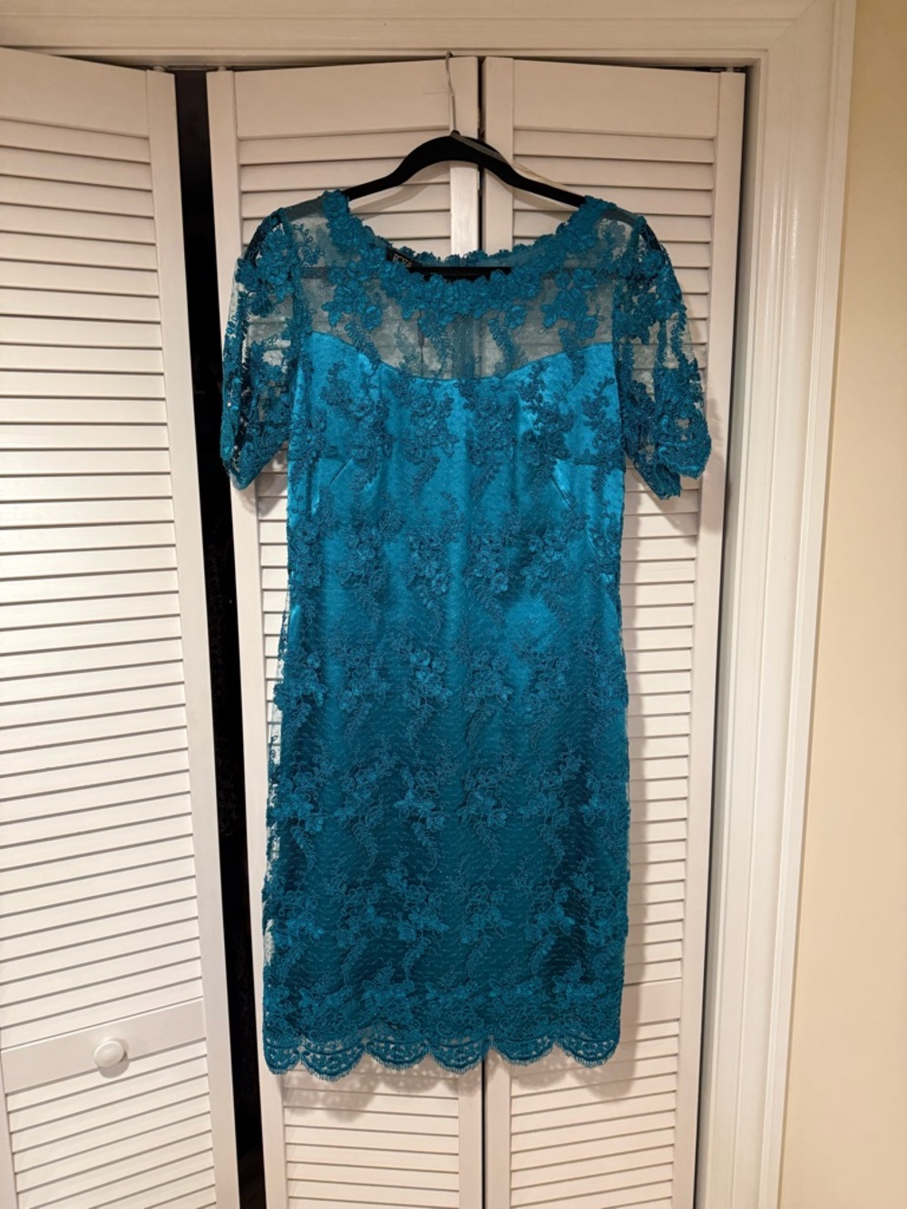 Teal Lace Sheath Dress with Illusion Yoke
